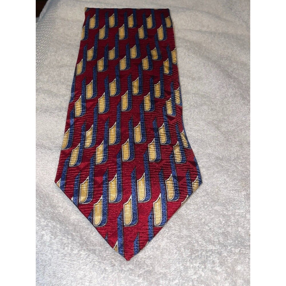 Vintage Florsheim 100% Silk Tie Handmade Canada Geometric Red Blue Gold Mens
